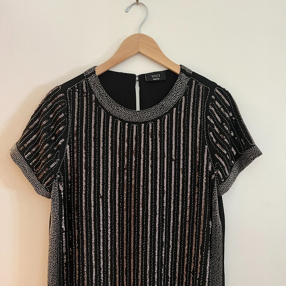 VICI Black Sequin Beaded Stripe Shift Dress - Size M